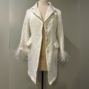 White Blazer Dress with feather trim cuff Blue Blush size Medium NWT